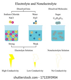 Illustration Of Chemical. The Electrolyte And Nonelectrolyte Solutions Show Weak And Strong Electrolyte. The Comparison Of Dissolved Substances And Conductivity For Chemistry Science Education.