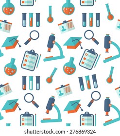 Illustration Chemical Seamless Pattern with Different Laboratory Objects, Scientific Wallpaper - Vector
