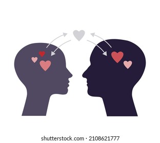 Illustration of chemistry between two people. Love hormones and attraction. Silhouette heads with hearts.