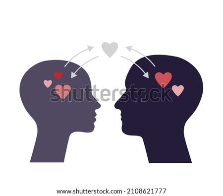 Illustration of chemistry between two people. Love hormones and attraction. Silhouette heads with hearts.