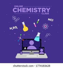 Illustration of Chemistry Elements Floating in Online Class coming out of a Video Call