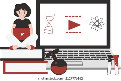 Illustration of Chemistry Elements Floating in Online Class coming out of a Video Call. Women sitting on stack of books and using laptop for studying