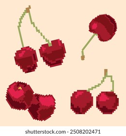 Ilustración de cerezas con subgrupos verdes sobre un fondo beige. Las cerezas se representan en un estilo de arte retro, en bloque, ideal para diseños digitales, textiles y proyectos de temática vintage