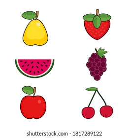 
Ilustración de cerezo, manzana, fresa, uva, sandía y pera, en estilo plano. tema de verano