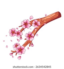  illustration of a cherry blossom branch, fully adorned with soft pink flowers and delicate petals. The composition highlights the gentle beauty and tranquility of spring