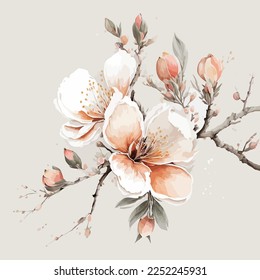 illustration cherry blossom branch. sakura. beige background