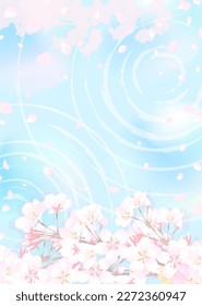 Illustration of cherry blossom branches and fantastic water surface, light, and ripples