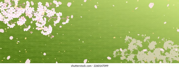 Illustration of cherry blossom branches and fluttering petals in traditional Japanese hemp leaf pattern