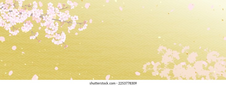 Illustration of cherry blossom branches and flying petals on a background of golden Japanese style traditional pattern