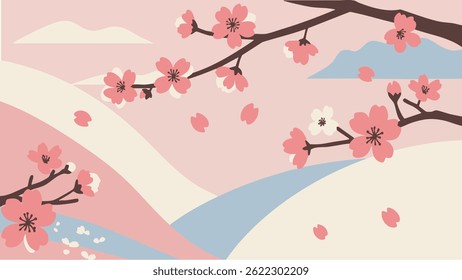 Illustration of cherry blossom branches with pink and white flowers, set against a backdrop of stylized pastel hills in pink, cream, and blue.