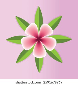 illustration of a cherry blossom flower with soft pink petals blending into a deep magenta center, surrounded by lush green leaves. The vibrant floral design is set against a gradient pink background.