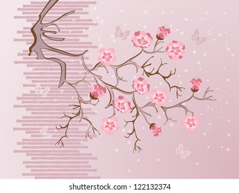 Illustration of cherry blossom on a tree branch and butterflies in pink, brown and white.