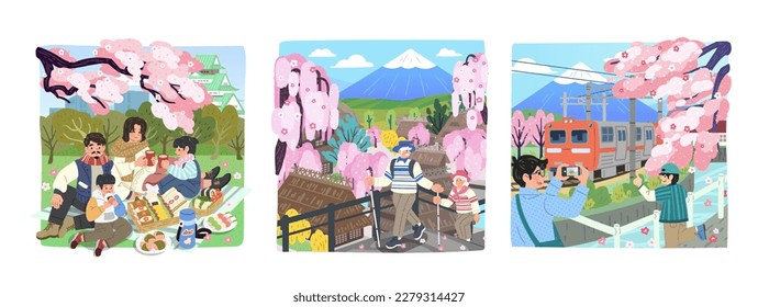 Illustration of cherry blossom season outdoor activities. Including lovely couple row on lake with scenic view of cherry blossom and ladies enjoy outdoor hot spring alongside with cute animal.