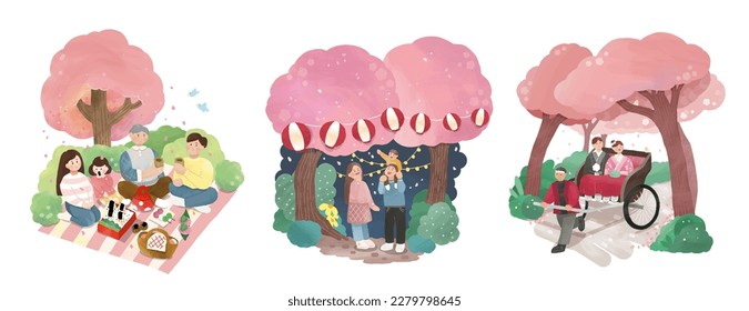 Illustration of cherry blossom season outdoor activities. Including picnic with family, parent and kid enjoy lantern matsuri, couple wearing japanese traditional costume riding on pulled rickshaw.