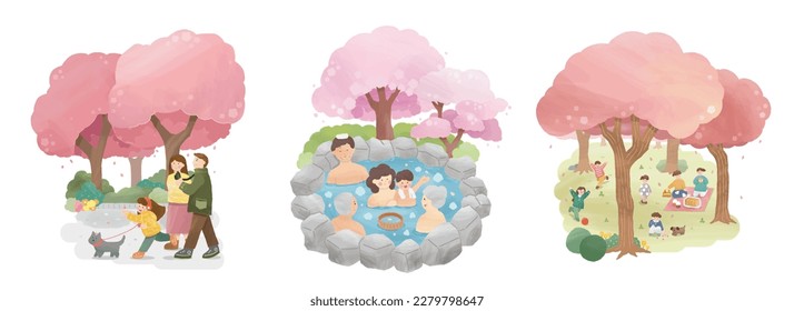 Illustration of cherry blossom season outdoor activities. Including fathers taking picture of daughter and puppy on a walk, family enjoy outdoor hot spring, picnic day in cherry blossom forest.