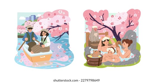 Illustration of cherry blossom season outdoor activities. Including family enjoy picnic in the park, elderly couple trekking and boy taking picture of friend with scenic view of sakura tree.