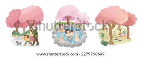 Illustration of cherry blossom season outdoor activities. Including fathers taking picture of daughter and puppy on a walk, family enjoy outdoor hot spring, picnic day in cherry blossom forest.