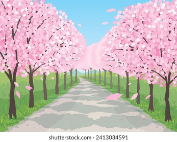 It is an illustration of a cherry blossom tree-lined avenue