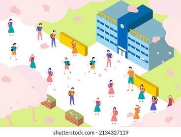 Illustration Of Cherry Blossom Trees And Isometric School Building