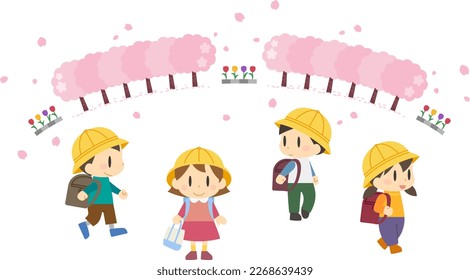 Illustration of cherry blossom trees and tulips with elementary school students on their way to school