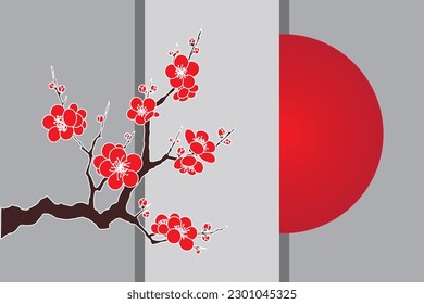 Illustration of cherry blossoms flower on branch with red circle behind grey background.