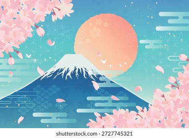 Ilustración de cerezos en flor, el monte Fuji y el amanecer