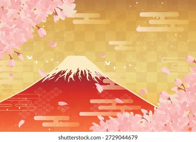 Ilustración de las flores de cerezo y el monte rojo Fuji