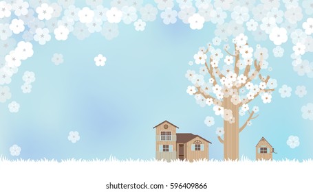 Illustration of Cherry blossoms in spring in blue watercolors.