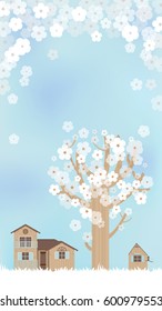 Illustration of Cherry blossoms in spring in blue watercolors.