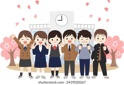 Illustration of cherry blossoms and student children wearing school uniforms