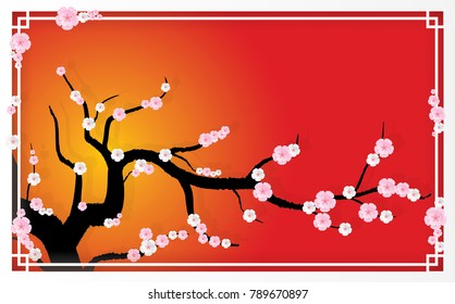 Illustration of Cherry blossoms tree on red background
