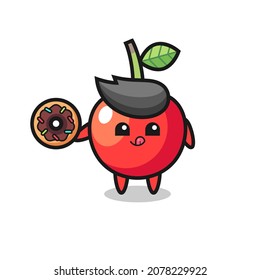 illustration of an cherry character eating a doughnut , cute style design for t shirt, sticker, logo element