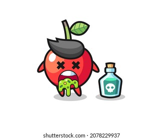 ilustración de un personaje de cereza vómito por envenenamiento, diseño de estilo lindo para camiseta, pegatina, elemento logo