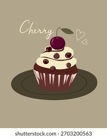 Ilustración con Cupcake de cereza y chocolate