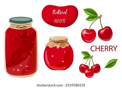 Illustration of cherry compote and jam. Set of elements. Vector set of food illustrations