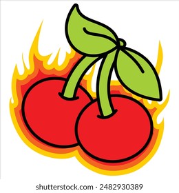 Illustration of a cherry fruit depicted on fire from a creative perspective