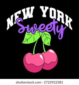 ILLUSTRATION EINER KIRSCHFRUCHT MIT DEM TEXT NEW YORK SWEETY, SLOGAN DRUCK VEKTOR