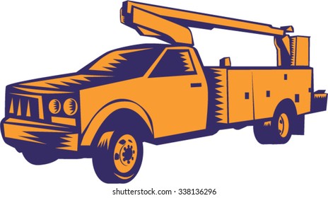 Illustration of a cherry picker mobile lift truck viewed from side set on isolated white background done in retro woodcut style.