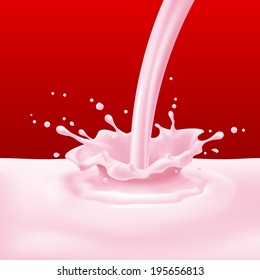 Illustration of cherry or strawberry yoghurt pouring with splashes