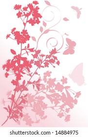 illustration with cherry tree flowers and butterflies silhouette on white background