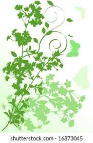 illustration with cherry tree flowers and butterflies silhouette on white background