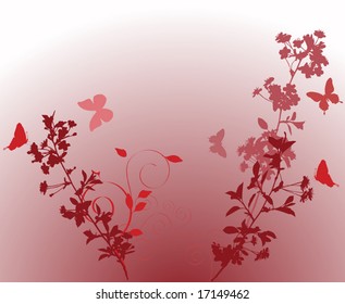illustration with cherry tree flowers and butterflies silhouette on white background