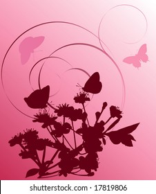 illustration with cherry tree flowers and butterflies silhouette on white background