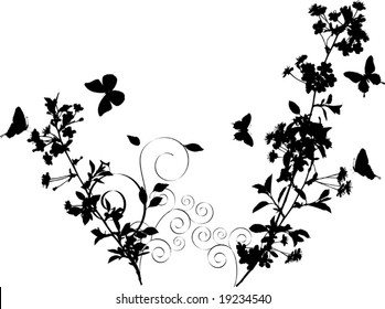 illustration with cherry tree flowers and butterflies silhouette on white background