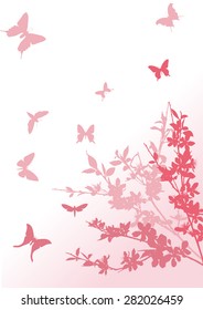 illustration with cherry tree flowers and butterflies silhouette on white background