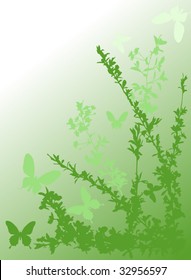 illustration with cherry tree flowers and butterflies silhouette on white background
