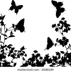 illustration with cherry tree flowers and butterflies silhouette on white background