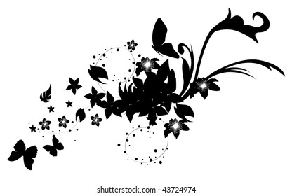 illustration with cherry tree flowers and butterflies silhouette