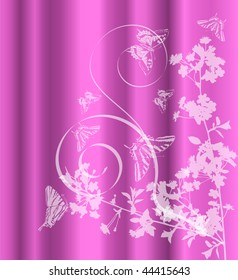 illustration with cherry tree flowers and butterflies silhouette on white background