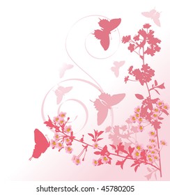 illustration with cherry tree flowers and butterflies silhouette on white background